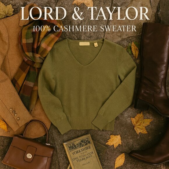 Lord & Taylor 100% Cashmere V-Neck Pullover Sweater Olive Green XS Luxury Knit - Picture 1 of 11